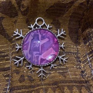 Whimsical Snowflake Silvertone Pendant w Original Alcohol Ink Art Under Glass